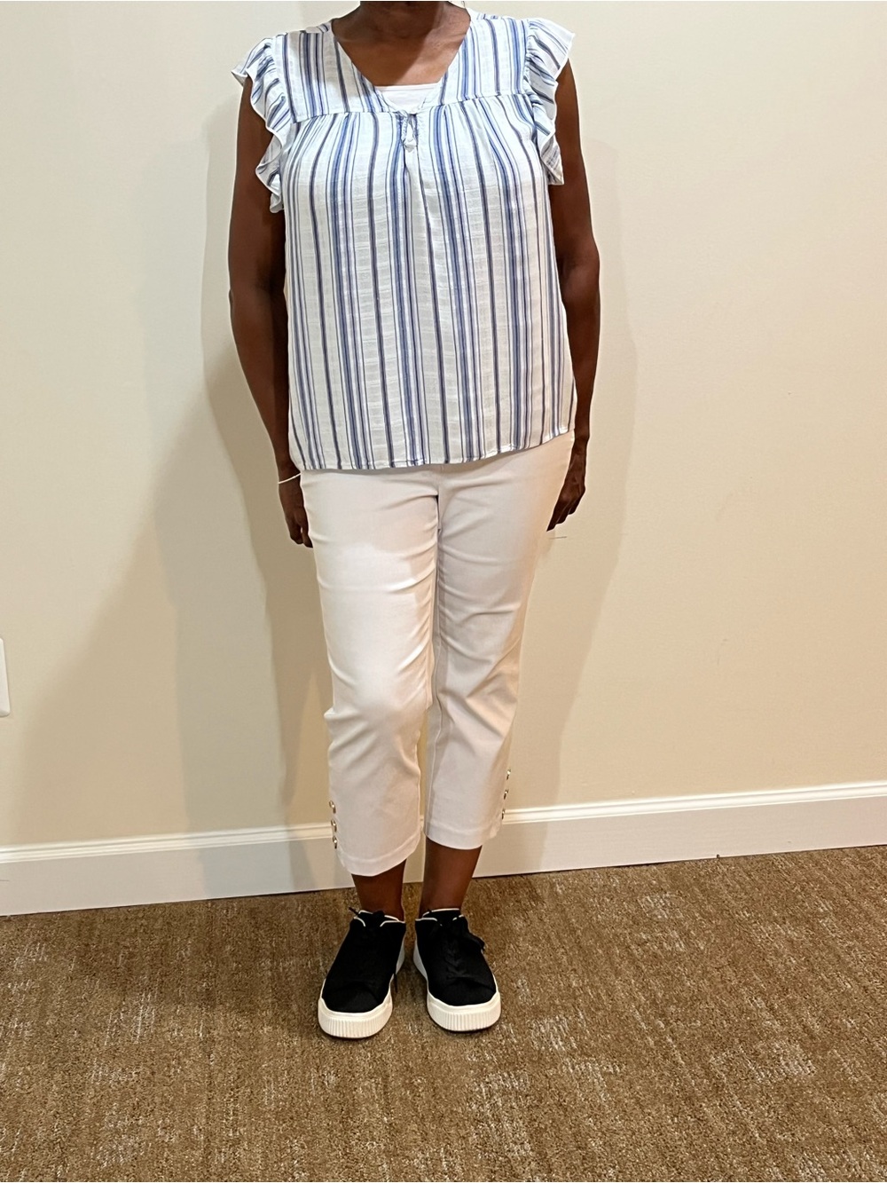 Como Vintage Blue and White Striped V-Neck Blouse